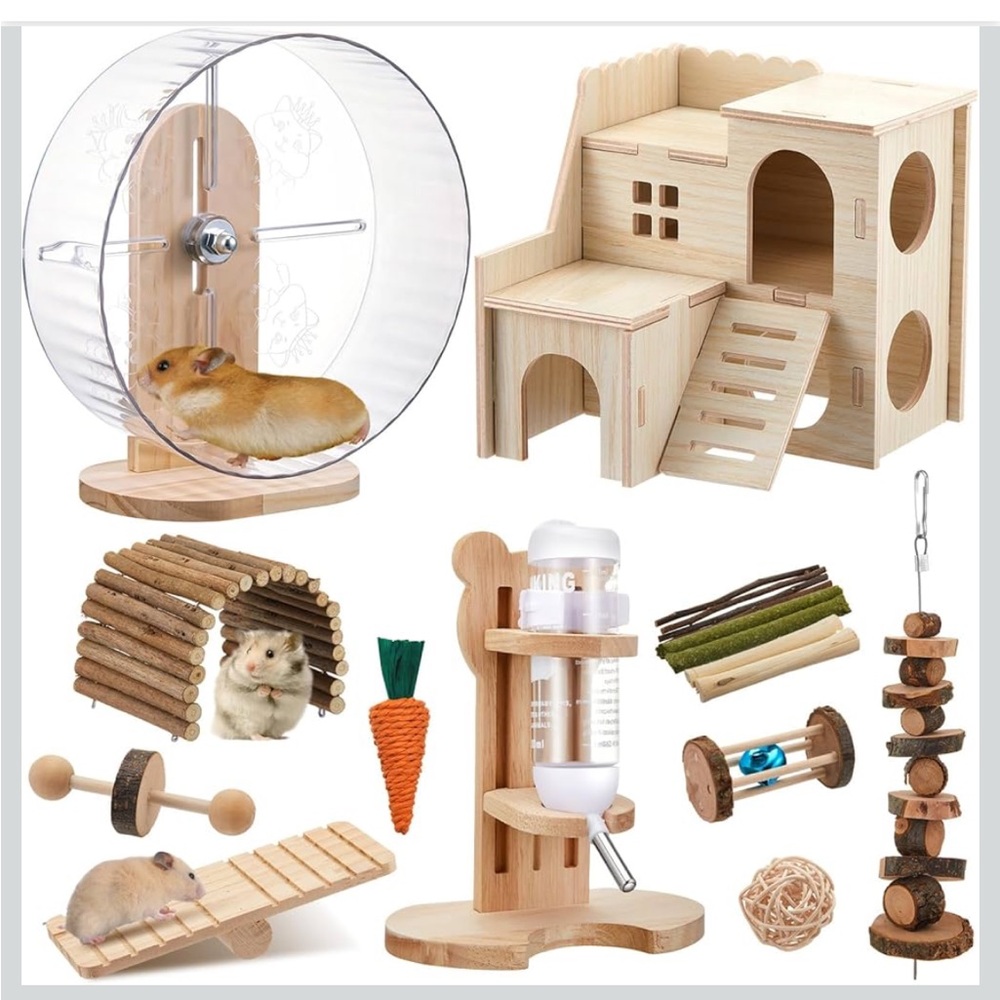 18 Pcs Hamster Cage Accessories, Silent Hamster Wheel, 15 Chew Toys Set